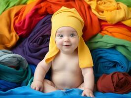 aanbiddelijk baby met levendig kleding in een speels houding ai generatief foto