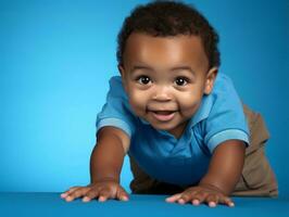 aanbiddelijk baby met levendig kleding in een speels houding ai generatief foto