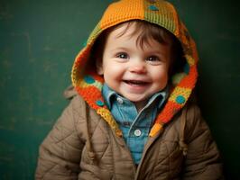 aanbiddelijk baby met levendig kleding in een speels houding ai generatief foto