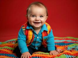 aanbiddelijk baby met levendig kleding in een speels houding ai generatief foto