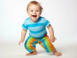 aanbiddelijk baby met levendig kleding in een speels houding ai generatief foto