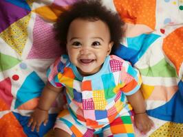 aanbiddelijk baby met levendig kleding in een speels houding ai generatief foto