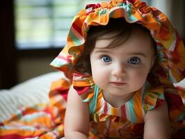 aanbiddelijk baby met levendig kleding in een speels houding ai generatief foto
