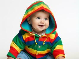 aanbiddelijk baby met levendig kleding in een speels houding ai generatief foto