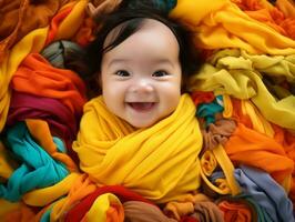 aanbiddelijk baby met levendig kleding in een speels houding ai generatief foto