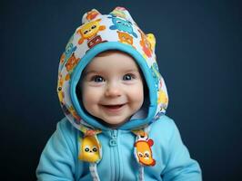 aanbiddelijk baby met levendig kleding in een speels houding ai generatief foto