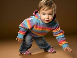 aanbiddelijk baby met levendig kleding in een speels houding ai generatief foto