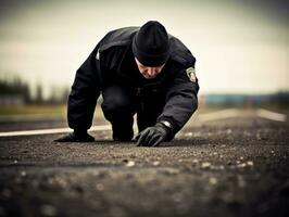 politieagent is minutieus onderzoeken de tafereel voor bewijs gedurende zijn onderzoek ai generatief foto