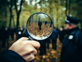 politieagent is minutieus onderzoeken de tafereel voor bewijs gedurende zijn onderzoek ai generatief foto