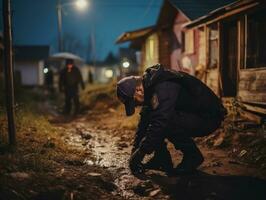 politieagent is minutieus onderzoeken de tafereel voor bewijs gedurende zijn onderzoek ai generatief foto