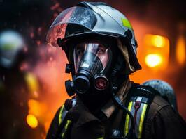 moedig mannetje brandweerman onbevreesd confronteert de laaiend inferno ai generatief foto