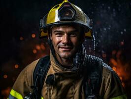 moedig mannetje brandweerman onbevreesd confronteert de laaiend inferno ai generatief foto