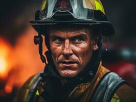 moedig mannetje brandweerman onbevreesd confronteert de laaiend inferno ai generatief foto