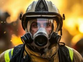 moedig mannetje brandweerman onbevreesd confronteert de laaiend inferno ai generatief foto