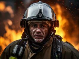 moedig mannetje brandweerman onbevreesd confronteert de laaiend inferno ai generatief foto