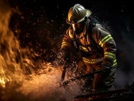 moedig mannetje brandweerman onbevreesd confronteert de laaiend inferno ai generatief foto