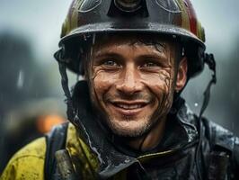 moedig mannetje brandweerman onbevreesd confronteert de laaiend inferno ai generatief foto