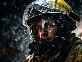 moedig mannetje brandweerman onbevreesd confronteert de laaiend inferno ai generatief foto