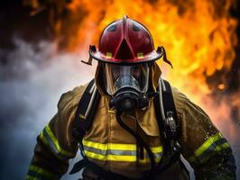 moedig mannetje brandweerman onbevreesd confronteert de laaiend inferno ai generatief foto