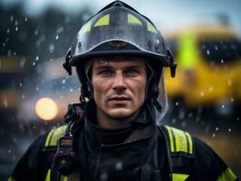 moedig mannetje brandweerman onbevreesd confronteert de laaiend inferno ai generatief foto