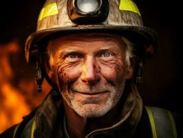 moedig mannetje brandweerman onbevreesd confronteert de laaiend inferno ai generatief foto