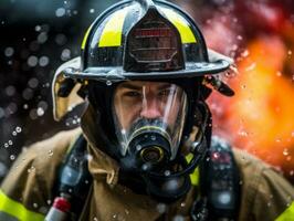 moedig mannetje brandweerman onbevreesd confronteert de laaiend inferno ai generatief foto