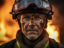 moedig mannetje brandweerman onbevreesd confronteert de laaiend inferno ai generatief foto