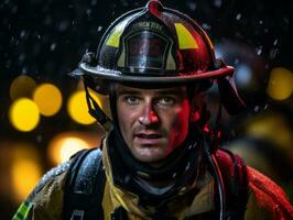 moedig mannetje brandweerman onbevreesd confronteert de laaiend inferno ai generatief foto