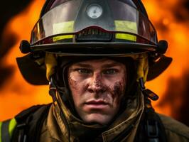 moedig mannetje brandweerman onbevreesd confronteert de laaiend inferno ai generatief foto