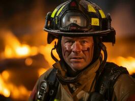 moedig mannetje brandweerman onbevreesd confronteert de laaiend inferno ai generatief foto