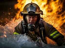 moedig mannetje brandweerman onbevreesd confronteert de laaiend inferno ai generatief foto