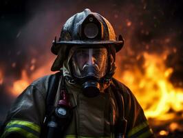 moedig mannetje brandweerman onbevreesd confronteert de laaiend inferno ai generatief foto