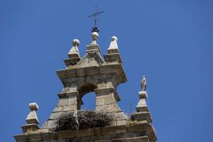 ooievaar bovenop de klokkentoren van de kerk van cacabelos, provincie leon, castilla y leon, spanje foto