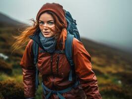 vastbesloten vrouw klimt een steil berg spoor ai generatief foto