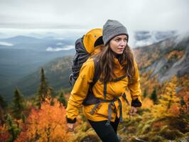 vastbesloten vrouw klimt een steil berg spoor ai generatief foto