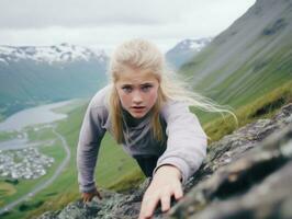 vastbesloten vrouw klimt een steil berg spoor ai generatief foto