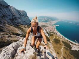 vastbesloten vrouw klimt een steil berg spoor ai generatief foto