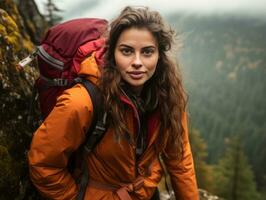 vastbesloten vrouw klimt een steil berg spoor ai generatief foto