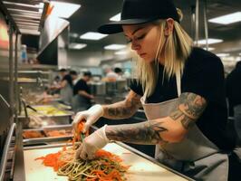 vrouw chef creëert culinaire meesterwerken in een bruisend keuken ai generatief foto