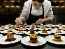 vrouw chef creëert culinaire meesterwerken in een bruisend keuken ai generatief foto