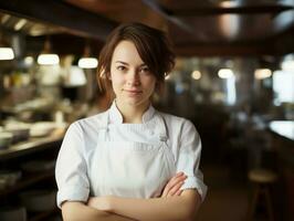 vrouw chef creëert culinaire meesterwerken in een bruisend keuken ai generatief foto