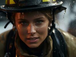 vrouw brandweerman moedig gevechten de brand ai generatief foto