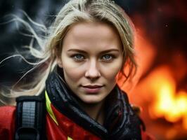 vrouw brandweerman moedig gevechten de brand ai generatief foto