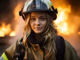 vrouw brandweerman moedig gevechten de brand ai generatief foto