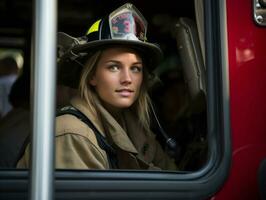 vrouw brandweerman moedig gevechten de brand ai generatief foto