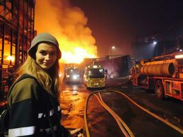 vrouw brandweerman moedig gevechten de brand ai generatief foto