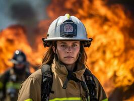 vrouw brandweerman moedig gevechten de brand ai generatief foto