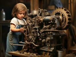 historisch gekleurde foto van een kinderen dagelijks werk in de jaren 1900 ai generatief