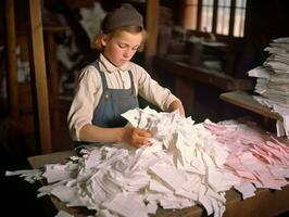 historisch gekleurde foto van een kinderen dagelijks werk in de jaren 1900 ai generatief