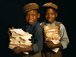 historisch gekleurde foto van een kinderen dagelijks werk in de jaren 1900 ai generatief